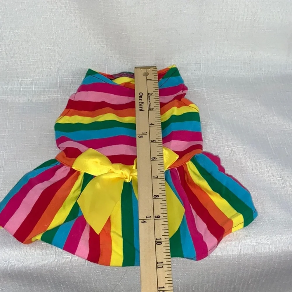 731 10/$50🏄🏻‍♀️ NEW! Small Rainbow Striped Pet Dog Dress with Yellow Bow